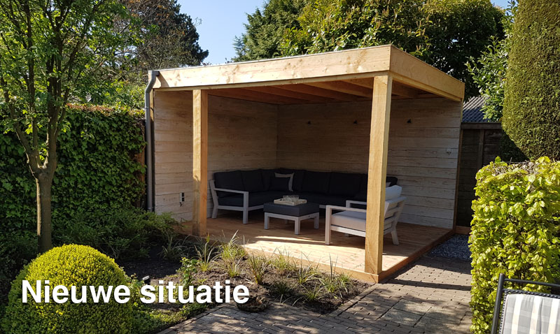 Veranda van Douglas hout met loungemeubels, ontworpen in Breda
